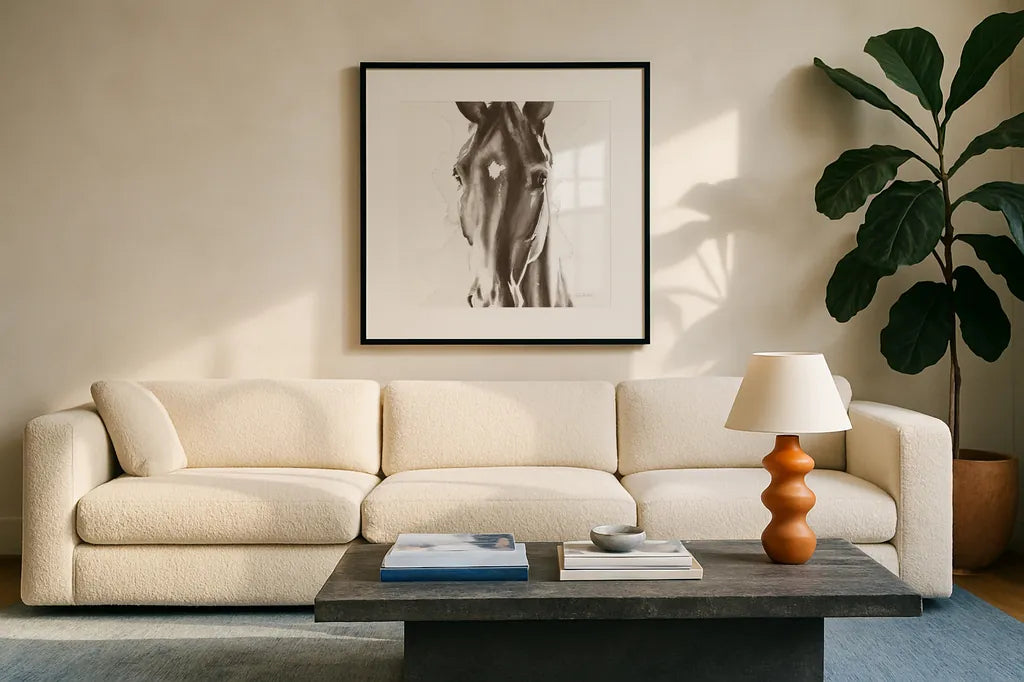 Le Cheval Noir Brown Crop by Aimee Del Valle. Displayed in a glass frame with matte in a clean modern living room. Available as an archival giclee rolled canvas, fine art paper, or poster print. SKU 48164a.