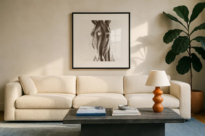Le Cheval Noir Brown Crop by Aimee Del Valle. Displayed in a glass frame with matte in a clean modern living room. Available as an archival giclee rolled canvas, fine art paper, or poster print. SKU 48164a.