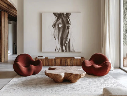 Le Cheval Noir Brown Crop by Aimee Del Valle. Shown as extra-large giant wall art in a modern living room. Available as an archival giclee rolled canvas, fine art paper, or poster print. SKU 48164a.