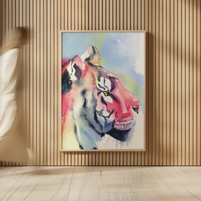 Tiger Portrait by Aimee Del Valle. shown as over sized large wall art. Available as an archival giclee rolled canvas, fine art paper, or poster print. SKU 79322h.