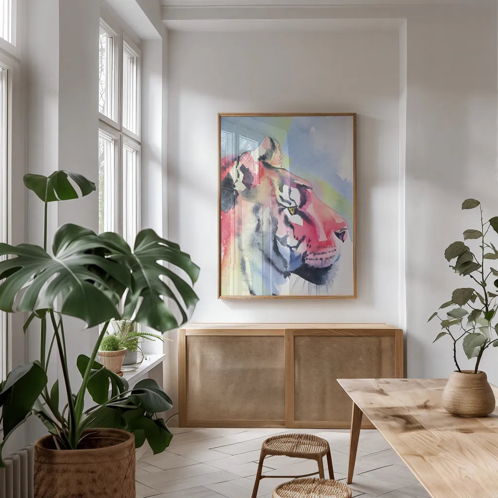Tiger Portrait by Aimee Del Valle. shown as a print in a natural wood frame in a dining room. Available as a archival giclee rolled canvas, fine art paper, or poster print. SKU 79322h.