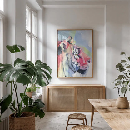 Tiger Portrait by Aimee Del Valle. shown as a print in a natural wood frame in a dining room. Available as a archival giclee rolled canvas, fine art paper, or poster print. SKU 79322h.
