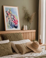 Tiger Portrait by Aimee Del Valle. shown as a paper print in a natural frame. Available as a archival giclee rolled canvas, fine art paper, or poster print. SKU 79322h.