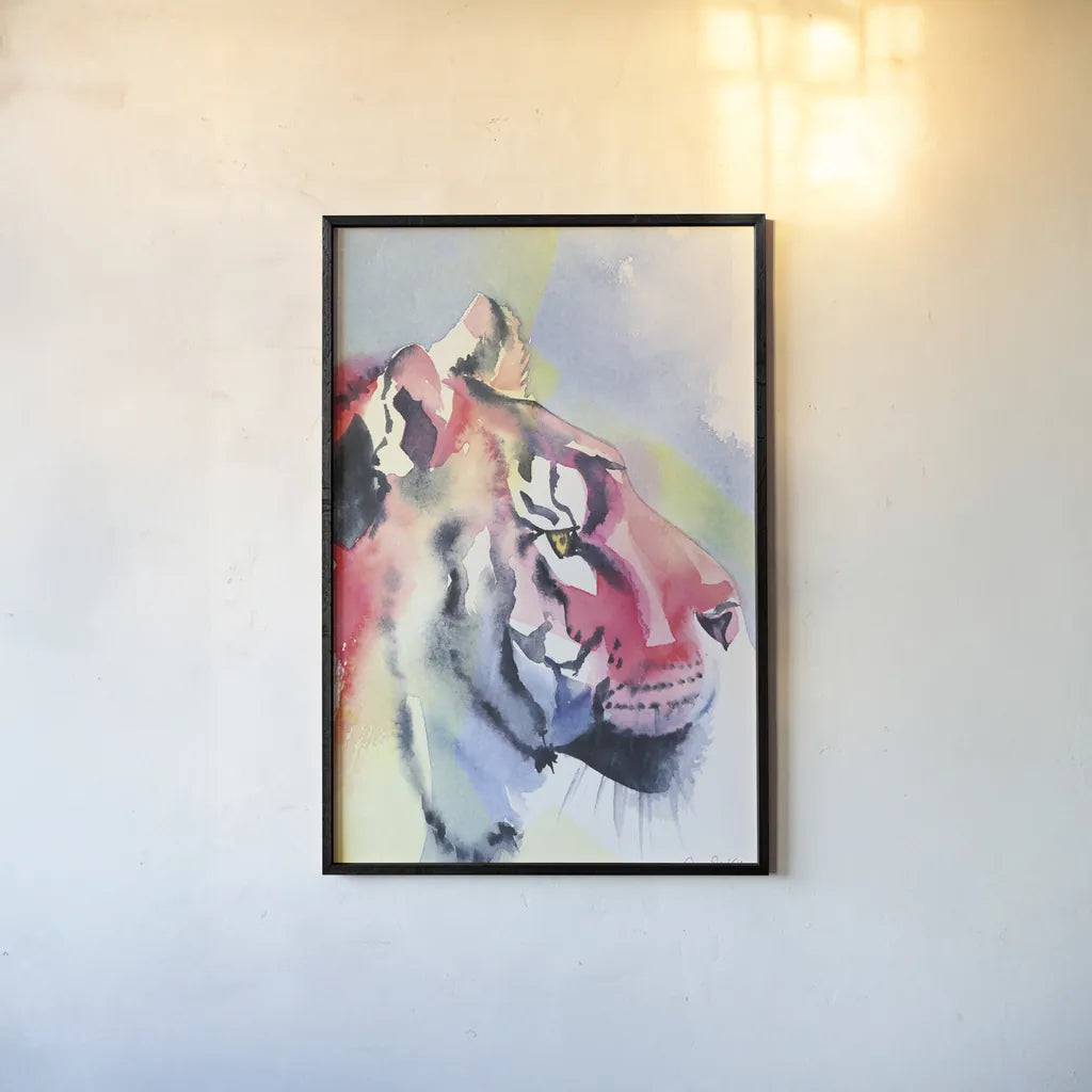 Tiger Portrait by Aimee Del Valle. shown as a paper print in a black flame. Available as a archival giclee rolled canvas, fine art paper, or poster print. SKU 79322h.