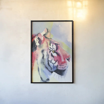 Tiger Portrait by Aimee Del Valle. shown as a paper print in a black flame. Available as a archival giclee rolled canvas, fine art paper, or poster print. SKU 79322h.