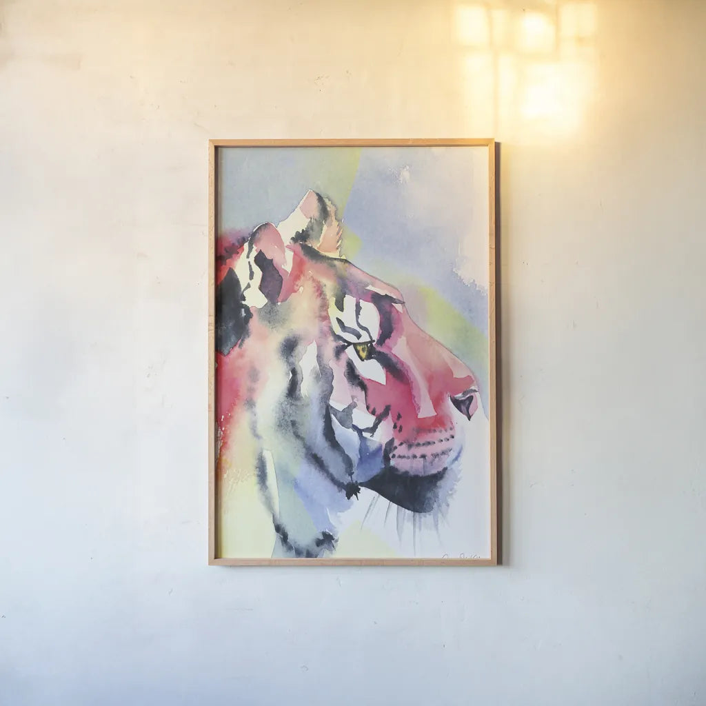 Tiger Portrait by Aimee Del Valle. shown as a paper print in a natural frame. Available as a archival giclee rolled canvas, fine art paper, or poster print. SKU 79322h.