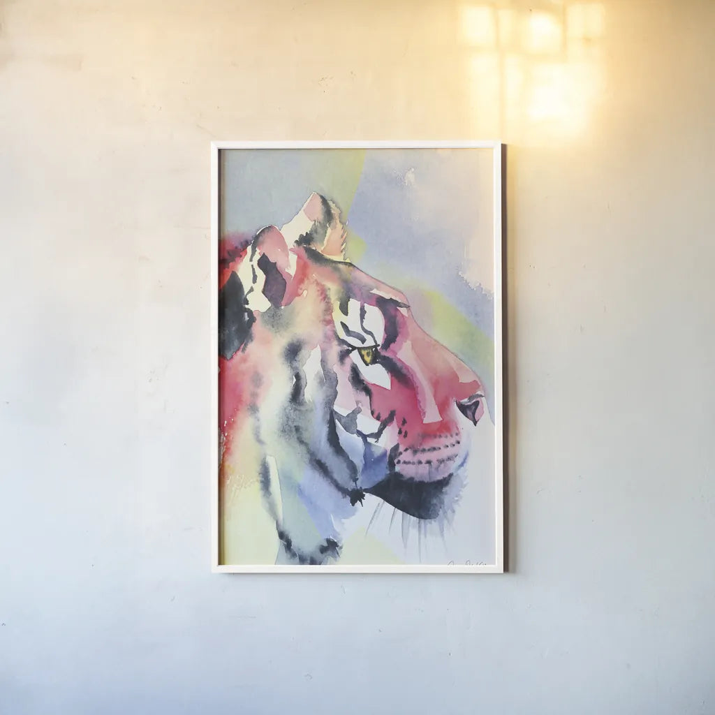 Tiger Portrait by Aimee Del Valle. shown as a paper print in a white frame. Available as a archival giclee rolled canvas, fine art paper, or poster print. SKU 79322h.