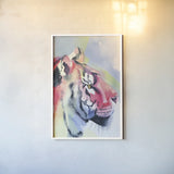 Tiger Portrait by Aimee Del Valle. shown as a paper print in a white frame. Available as a archival giclee rolled canvas, fine art paper, or poster print. SKU 79322h.