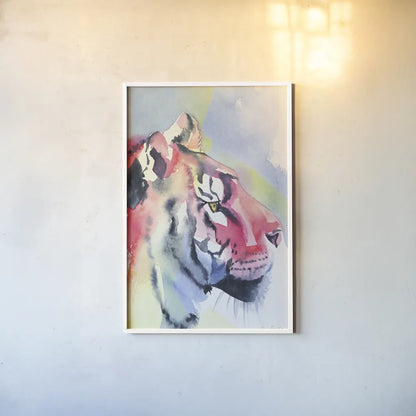 Tiger Portrait by Aimee Del Valle. shown as a paper print in a white frame. Available as a archival giclee rolled canvas, fine art paper, or poster print. SKU 79322h.
