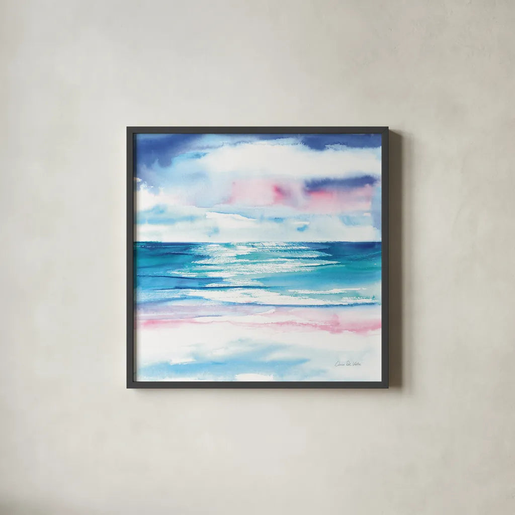 Turquoise Sea I by Aimee Del Valle. Shown in a sleek black glass frame for a contemporary gallery look. Available as an archival giclee rolled canvas, fine art paper, or poster print. SKU 68315a.
