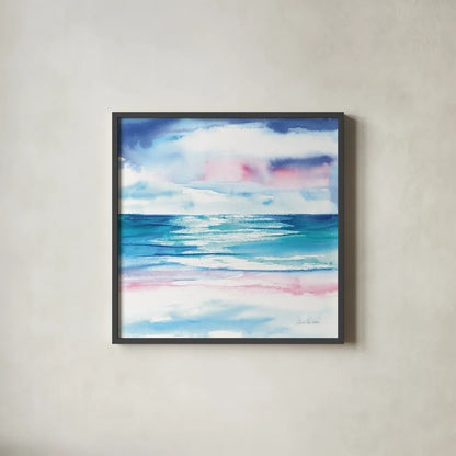 Turquoise Sea I by Aimee Del Valle. Shown in a sleek black glass frame for a contemporary gallery look. Available as an archival giclee rolled canvas, fine art paper, or poster print. SKU 68315a.
