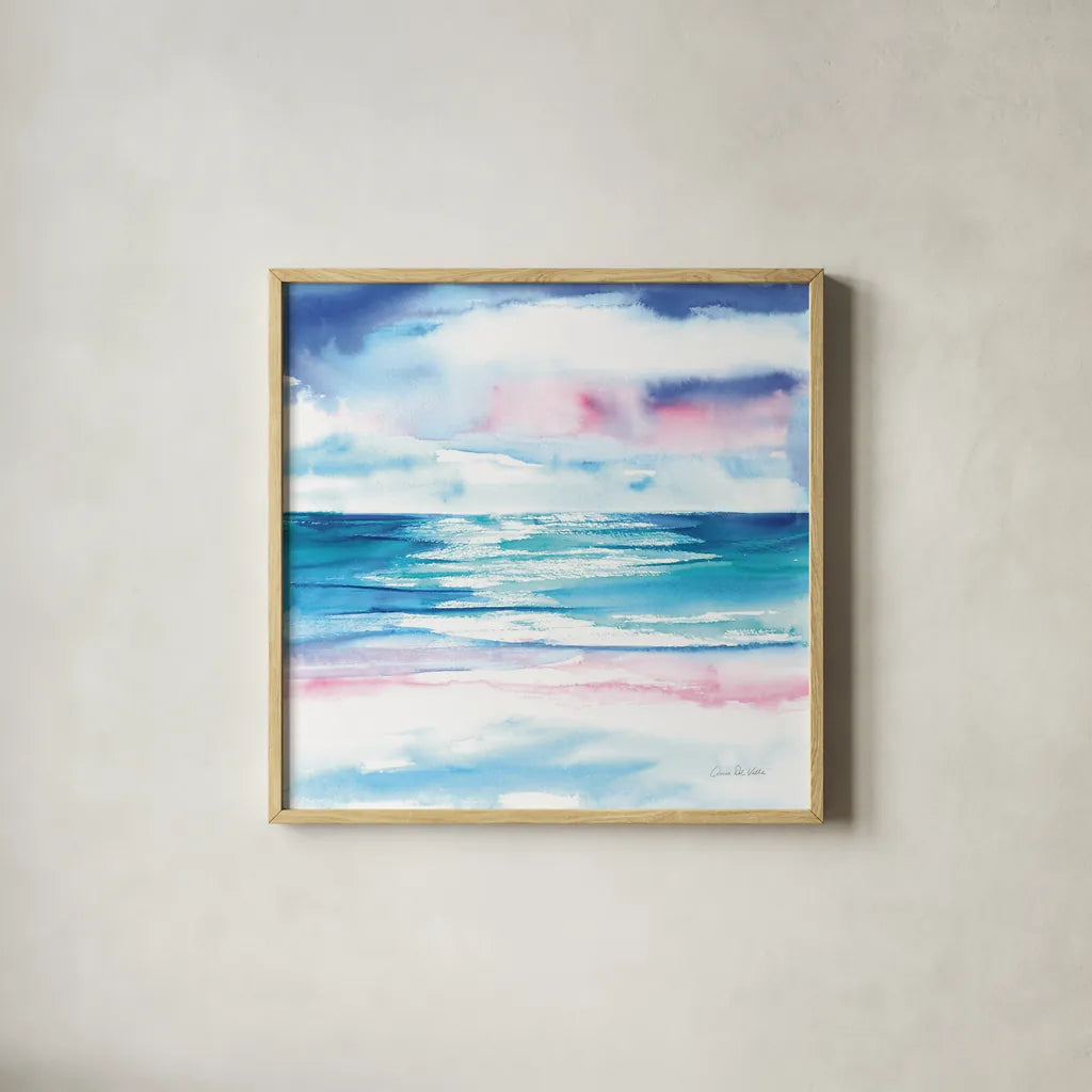 Turquoise Sea I by Aimee Del Valle. Shown in a natural wood glass frame for a timeless modern aesthetic. Available as an archival giclee rolled canvas, fine art paper, or poster print. SKU 68315a.