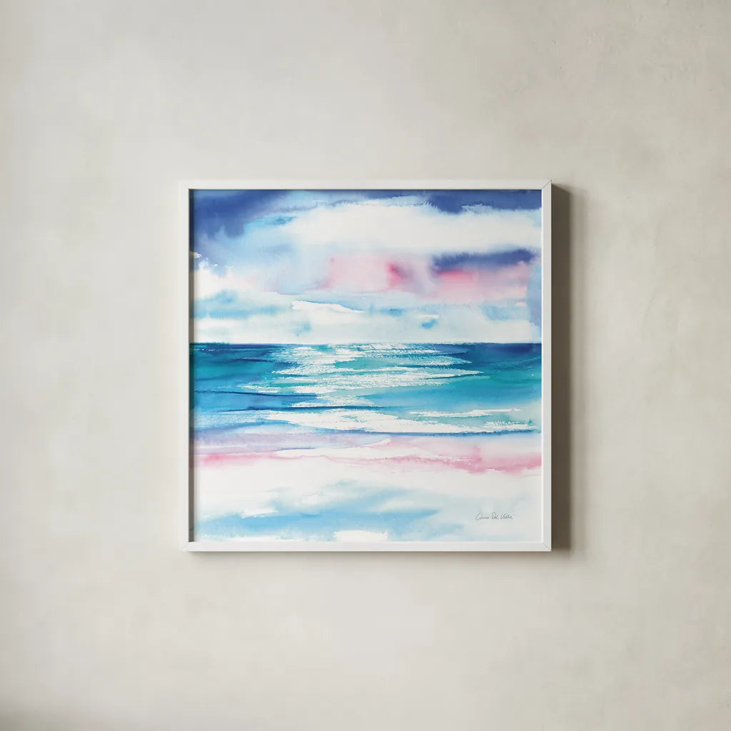 Turquoise Sea I by Aimee Del Valle. Shown in a crisp white glass frame for a clean and minimalist style. Available as an archival giclee rolled canvas, fine art paper, or poster print. SKU 68315a.