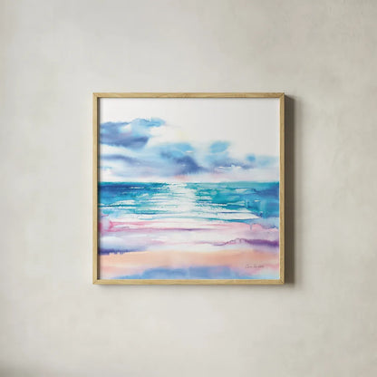 Turquoise Sea II by Aimee Del Valle. Shown in a natural wood glass frame for a timeless modern aesthetic. Available as an archival giclee rolled canvas, fine art paper, or poster print. SKU 68316a.