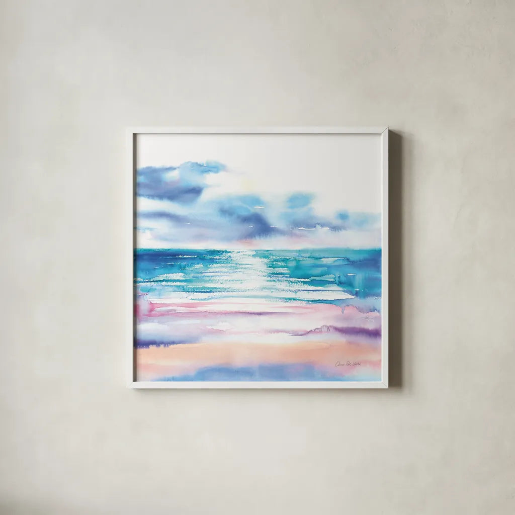 Turquoise Sea II by Aimee Del Valle. Shown in a crisp white glass frame for a clean and minimalist style. Available as an archival giclee rolled canvas, fine art paper, or poster print. SKU 68316a.