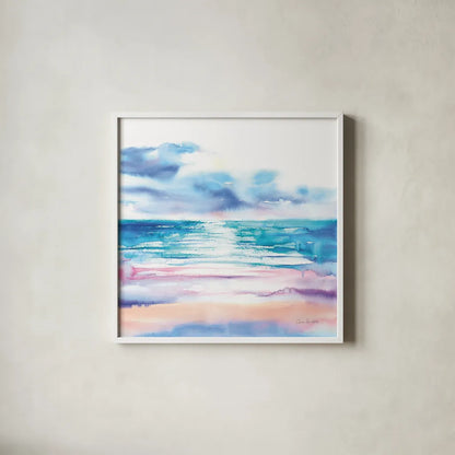 Turquoise Sea II by Aimee Del Valle. Shown in a crisp white glass frame for a clean and minimalist style. Available as an archival giclee rolled canvas, fine art paper, or poster print. SKU 68316a.