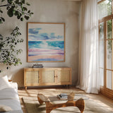 Turquoise Sea II by Aimee Del Valle. Shown in a natural wood frame in a cozy modern living room. Available as an archival giclee rolled canvas, fine art paper, or poster print. SKU 68316a.