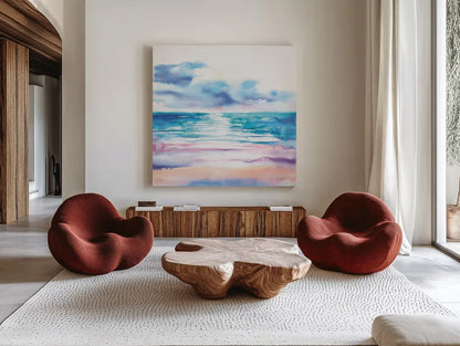 Turquoise Sea II by Aimee Del Valle. Shown as extra-large giant wall art in a modern living room. Available as an archival giclee rolled canvas, fine art paper, or poster print. SKU 68316a.