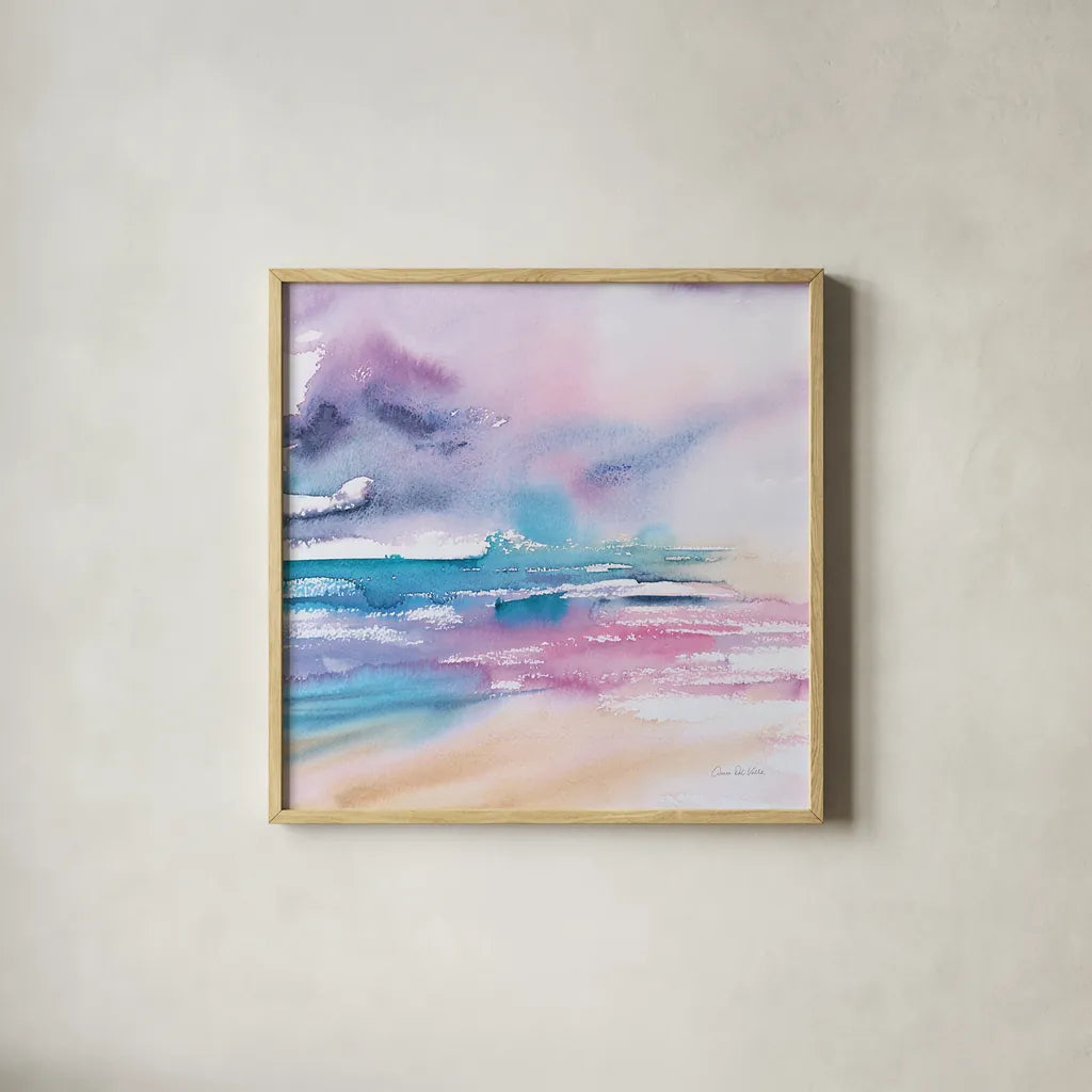 Violet Sky by Aimee Del Valle. Shown in a natural wood glass frame for a timeless modern aesthetic. Available as an archival giclee rolled canvas, fine art paper, or poster print. SKU 68317a.