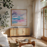 Violet Sky by Aimee Del Valle. Shown in a natural wood frame in a cozy modern living room. Available as an archival giclee rolled canvas, fine art paper, or poster print. SKU 68317a.