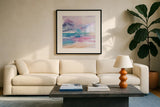 Violet Sky by Aimee Del Valle. Displayed in a glass frame with matte in a clean modern living room. Available as an archival giclee rolled canvas, fine art paper, or poster print. SKU 68317a.
