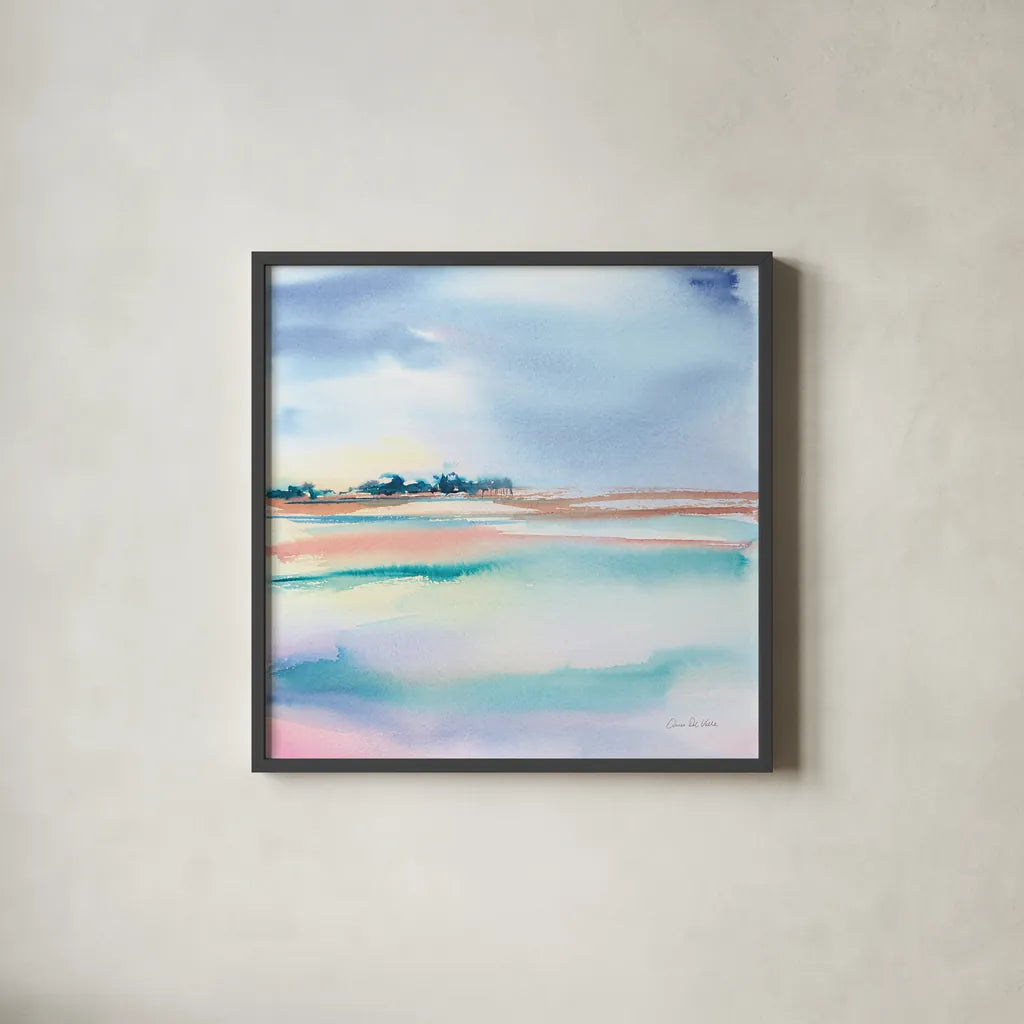 Water and Sand by Aimee Del Valle. Shown in a sleek black glass frame for a contemporary gallery look. Available as an archival giclee rolled canvas, fine art paper, or poster print. SKU 68320a.