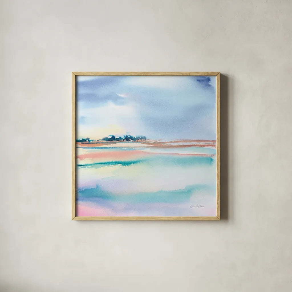 Water and Sand by Aimee Del Valle. Shown in a natural wood glass frame for a timeless modern aesthetic. Available as an archival giclee rolled canvas, fine art paper, or poster print. SKU 68320a.