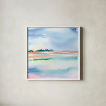 Water and Sand by Aimee Del Valle. Shown in a crisp white glass frame for a clean and minimalist style. Available as an archival giclee rolled canvas, fine art paper, or poster print. SKU 68320a.