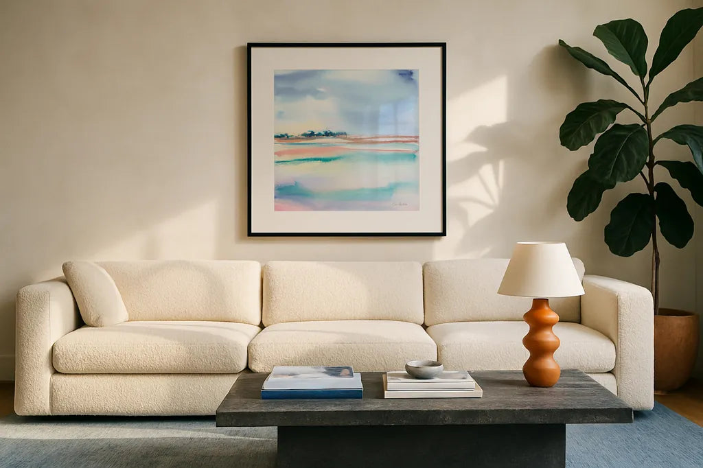 Water and Sand by Aimee Del Valle. Displayed in a glass frame with matte in a clean modern living room. Available as an archival giclee rolled canvas, fine art paper, or poster print. SKU 68320a.
