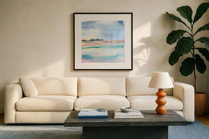Water and Sand by Aimee Del Valle. Displayed in a glass frame with matte in a clean modern living room. Available as an archival giclee rolled canvas, fine art paper, or poster print. SKU 68320a.