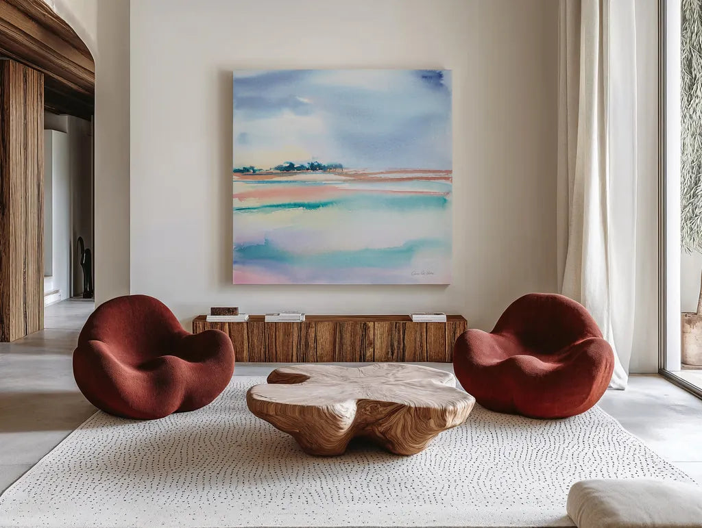 Water and Sand by Aimee Del Valle. Shown as extra-large giant wall art in a modern living room. Available as an archival giclee rolled canvas, fine art paper, or poster print. SKU 68320a.