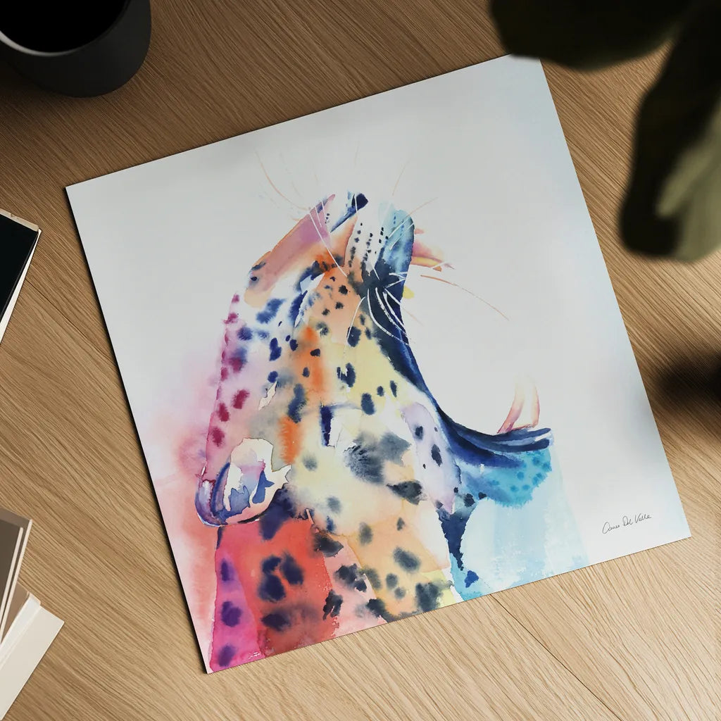 Wild Leopard by Aimee Del Valle. Shown as a detailed flat fine art print, highlighting archival giclee quality. Available as an archival giclee rolled canvas, fine art paper, or poster print. SKU 79321a.