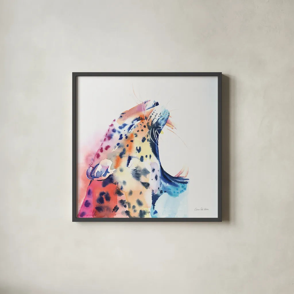 Wild Leopard by Aimee Del Valle. Shown in a sleek black glass frame for a contemporary gallery look. Available as an archival giclee rolled canvas, fine art paper, or poster print. SKU 79321a.