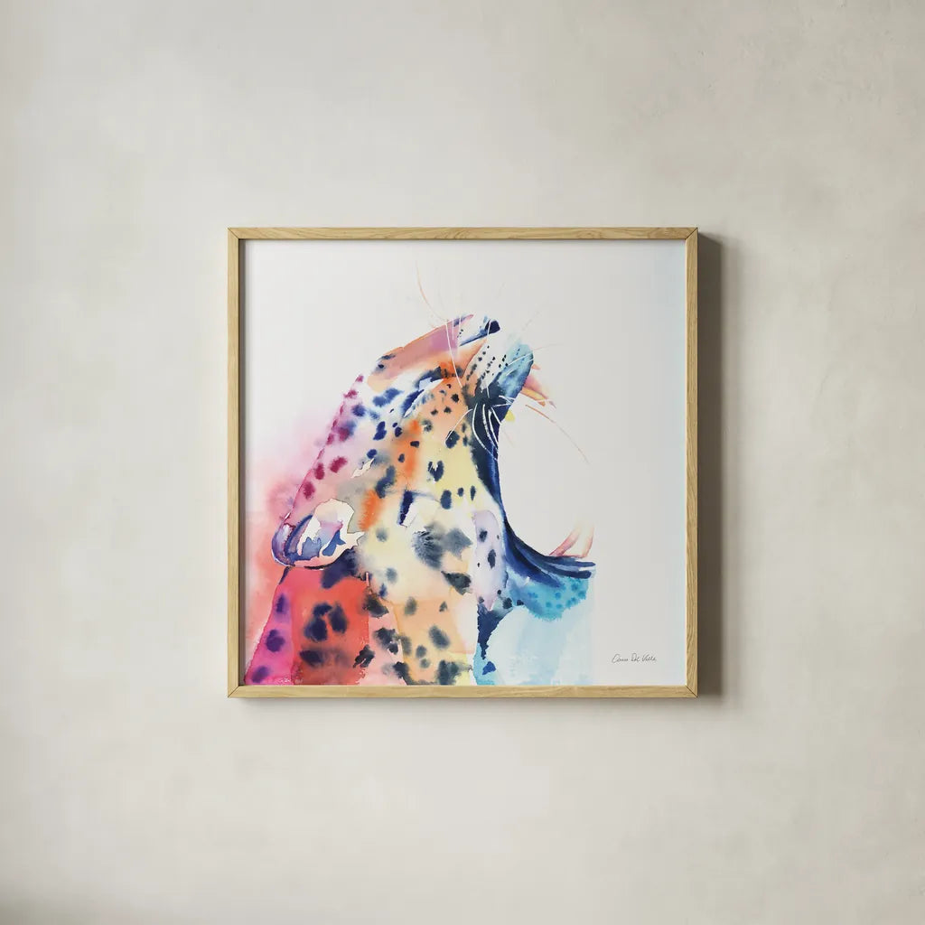 Wild Leopard by Aimee Del Valle. Shown in a natural wood glass frame for a timeless modern aesthetic. Available as an archival giclee rolled canvas, fine art paper, or poster print. SKU 79321a.