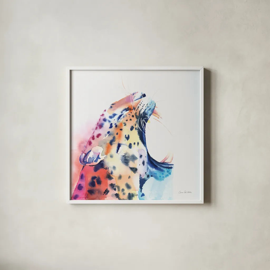 Wild Leopard by Aimee Del Valle. Shown in a crisp white glass frame for a clean and minimalist style. Available as an archival giclee rolled canvas, fine art paper, or poster print. SKU 79321a.