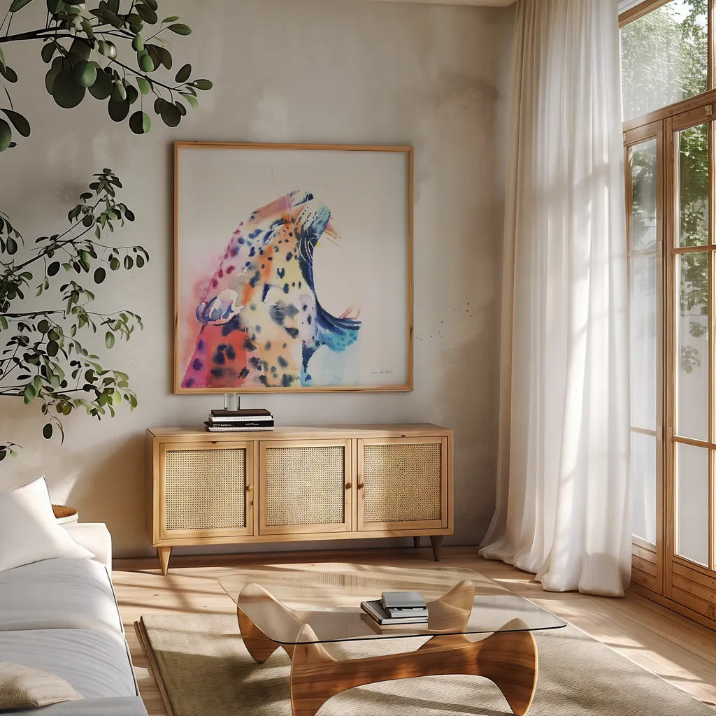 Wild Leopard by Aimee Del Valle. Shown in a natural wood frame in a cozy modern living room. Available as an archival giclee rolled canvas, fine art paper, or poster print. SKU 79321a.