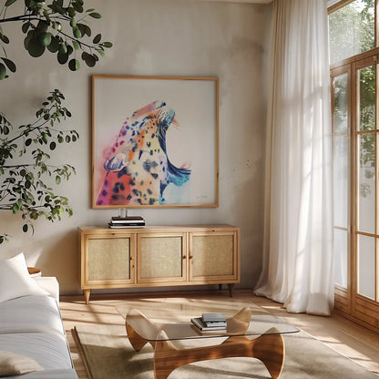 Wild Leopard by Aimee Del Valle. Shown in a natural wood frame in a cozy modern living room. Available as an archival giclee rolled canvas, fine art paper, or poster print. SKU 79321a.