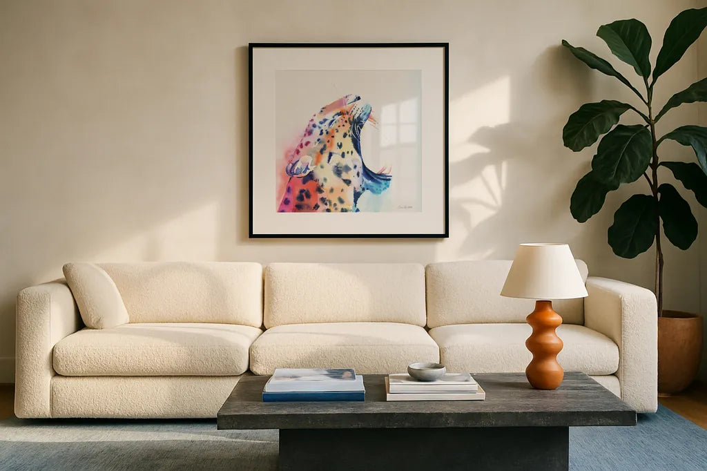 Wild Leopard by Aimee Del Valle. Displayed in a glass frame with matte in a clean modern living room. Available as an archival giclee rolled canvas, fine art paper, or poster print. SKU 79321a.