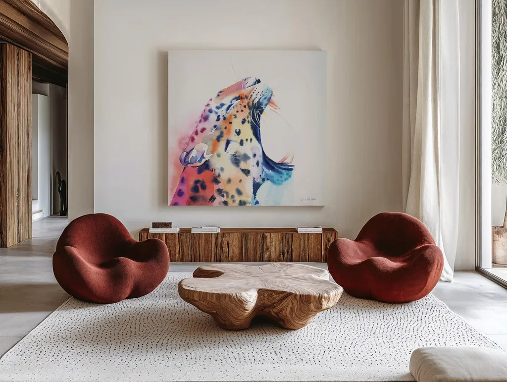 Wild Leopard by Aimee Del Valle. Shown as extra-large giant wall art in a modern living room. Available as an archival giclee rolled canvas, fine art paper, or poster print. SKU 79321a.