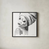 Woman I BW Crop by Aimee Del Valle. Shown in a sleek black glass frame for a contemporary gallery look. Available as an archival giclee rolled canvas, fine art paper, or poster print. SKU 67206a.