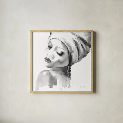 Woman I BW Crop by Aimee Del Valle. Shown in a natural wood glass frame for a timeless modern aesthetic. Available as an archival giclee rolled canvas, fine art paper, or poster print. SKU 67206a.