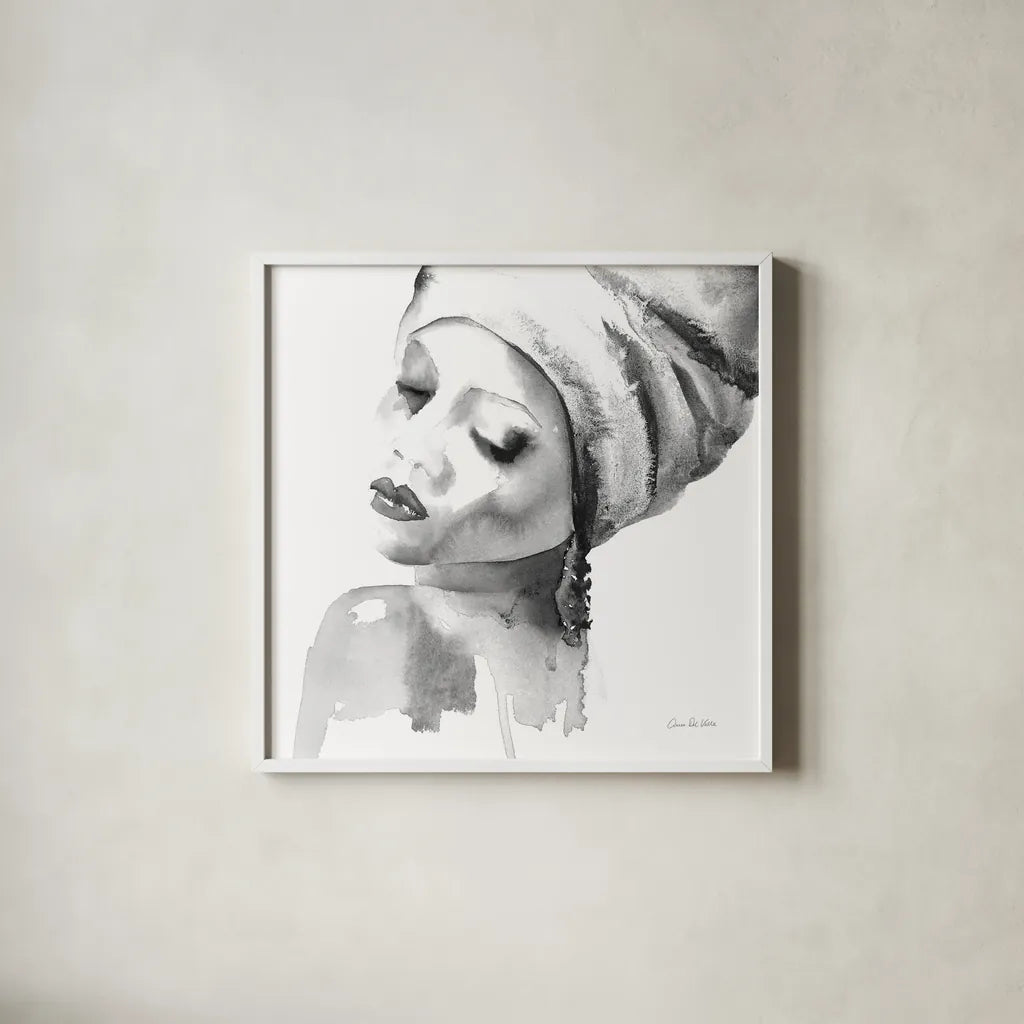 Woman I BW Crop by Aimee Del Valle. Shown in a crisp white glass frame for a clean and minimalist style. Available as an archival giclee rolled canvas, fine art paper, or poster print. SKU 67206a.
