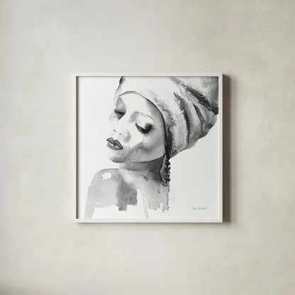 Woman I BW Crop by Aimee Del Valle. Shown in a crisp white glass frame for a clean and minimalist style. Available as an archival giclee rolled canvas, fine art paper, or poster print. SKU 67206a.