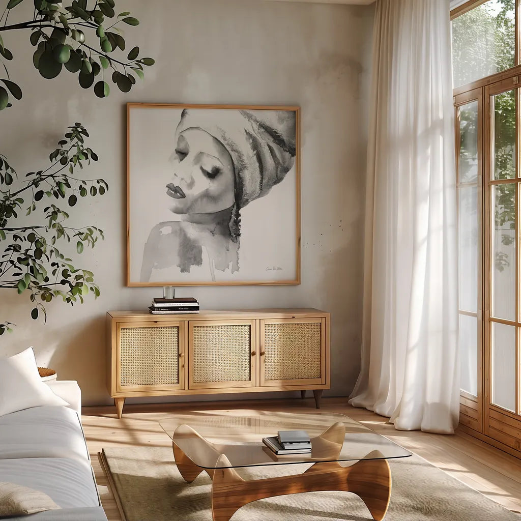 Woman I BW Crop by Aimee Del Valle. Shown in a natural wood frame in a cozy modern living room. Available as an archival giclee rolled canvas, fine art paper, or poster print. SKU 67206a.