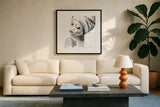 Woman I BW Crop by Aimee Del Valle. Displayed in a glass frame with matte in a clean modern living room. Available as an archival giclee rolled canvas, fine art paper, or poster print. SKU 67206a.