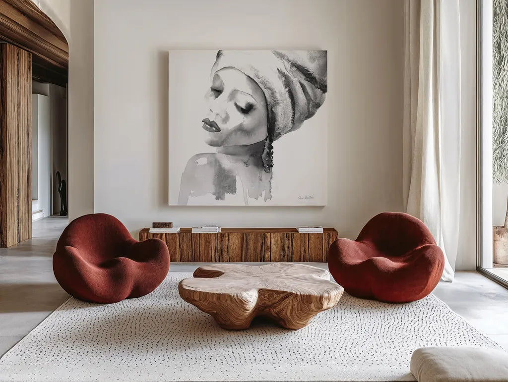 Woman I BW Crop by Aimee Del Valle. Shown as extra-large giant wall art in a modern living room. Available as an archival giclee rolled canvas, fine art paper, or poster print. SKU 67206a.