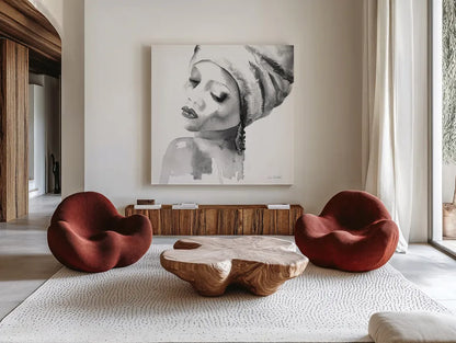 Woman I BW Crop by Aimee Del Valle. Shown as extra-large giant wall art in a modern living room. Available as an archival giclee rolled canvas, fine art paper, or poster print. SKU 67206a.