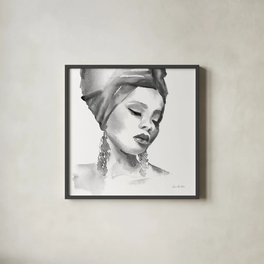 Woman II BW Crop by Aimee Del Valle. Shown in a sleek black glass frame for a contemporary gallery look. Available as an archival giclee rolled canvas, fine art paper, or poster print. SKU 67207a.