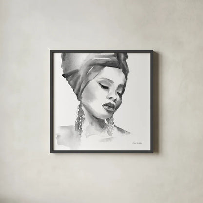 Woman II BW Crop by Aimee Del Valle. Shown in a sleek black glass frame for a contemporary gallery look. Available as an archival giclee rolled canvas, fine art paper, or poster print. SKU 67207a.