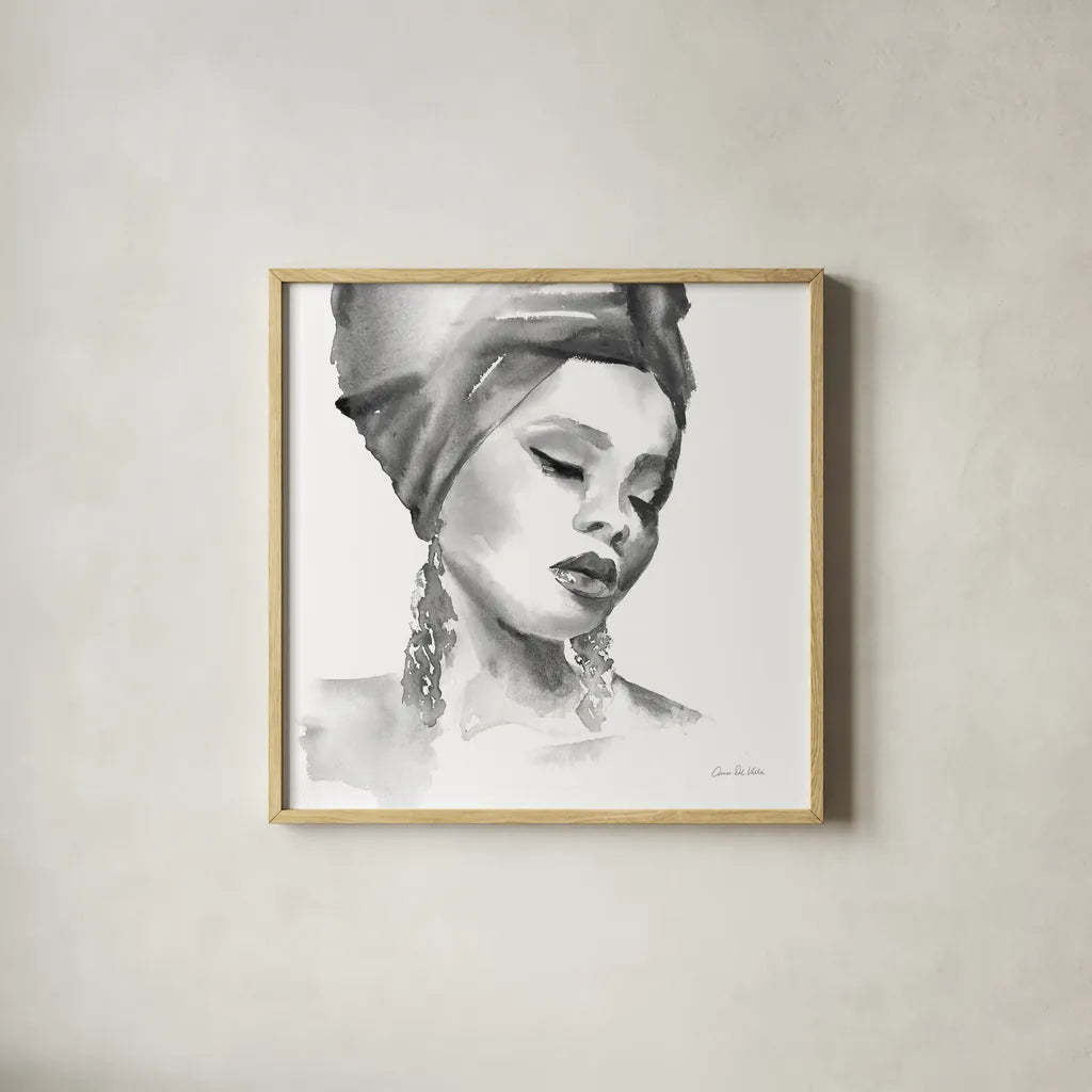 Woman II BW Crop by Aimee Del Valle. Shown in a natural wood glass frame for a timeless modern aesthetic. Available as an archival giclee rolled canvas, fine art paper, or poster print. SKU 67207a.